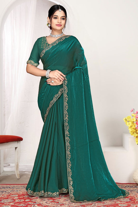 Bottle Green Silk Saree with Rich Golden Zari Border Designer Saree