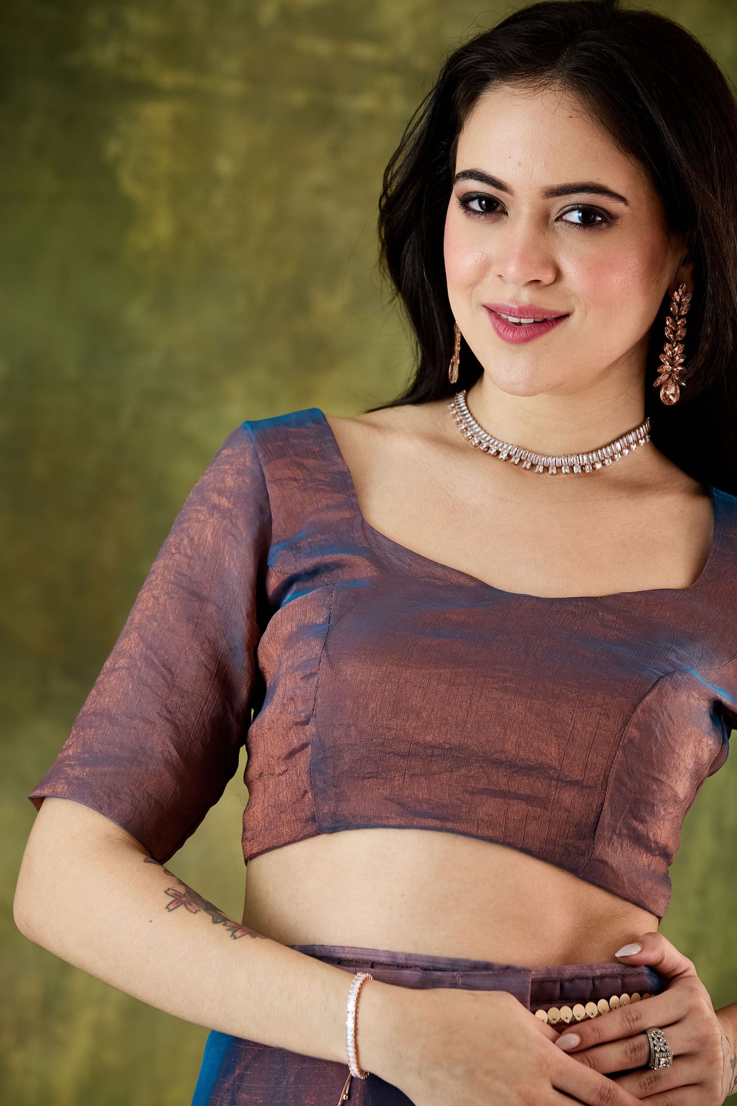 Brown Blue Organza Silk Saree Designer Party Wear Saree