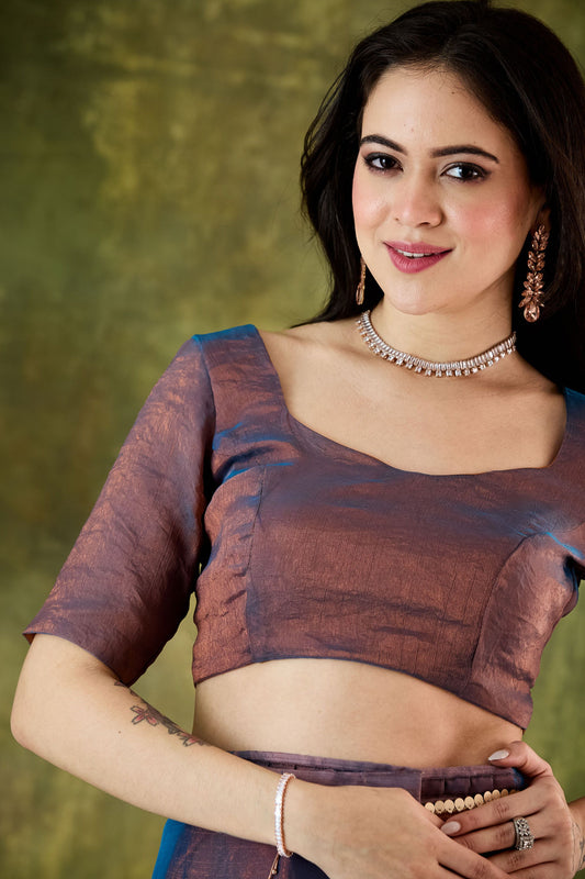 Brown Blue Organza Silk Saree Designer Party Wear Saree