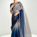 Grey Navy Blue Ombre Organza Saree with Designer Blouse