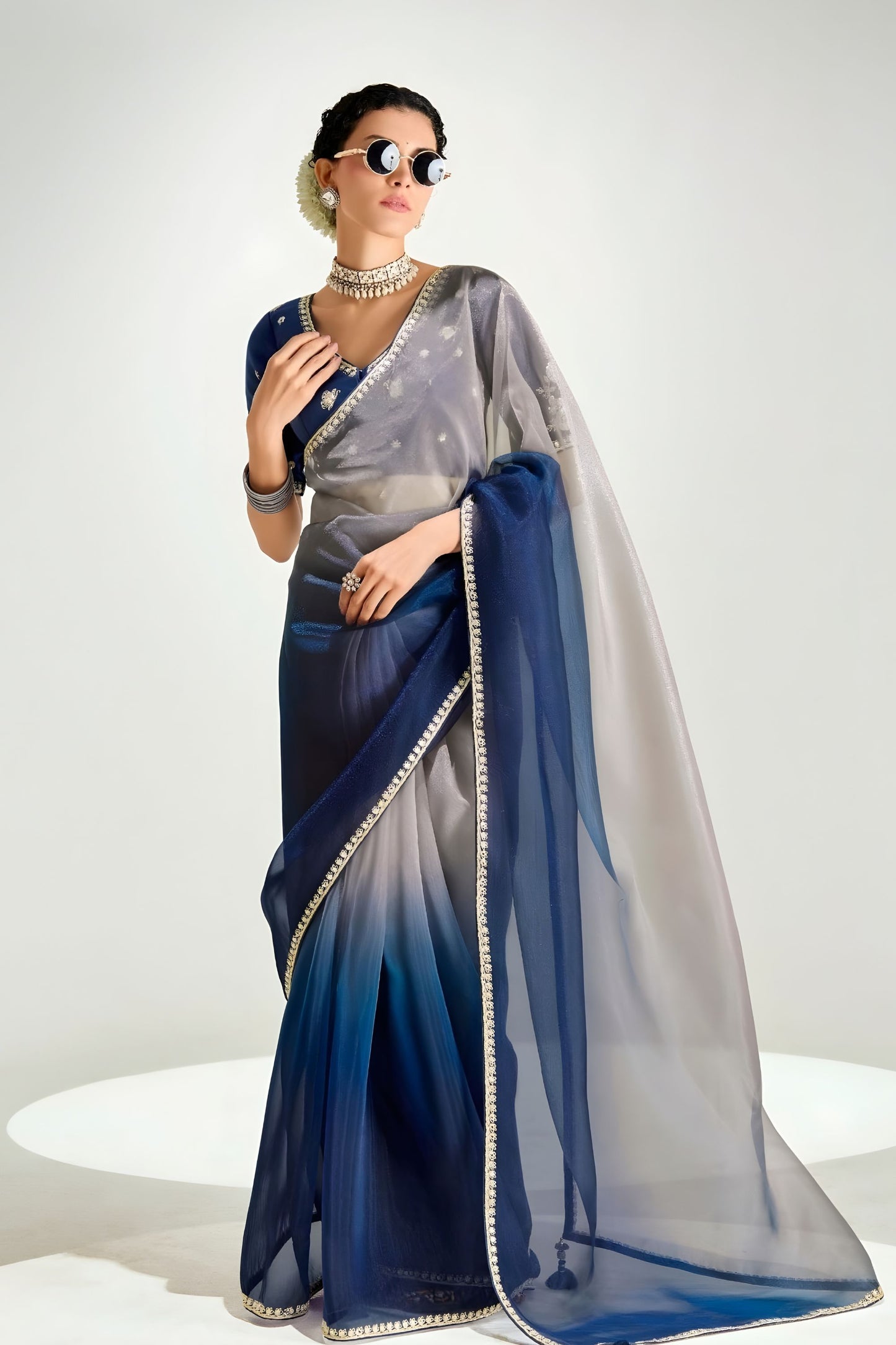 Grey Navy Blue Ombre Organza Saree with Designer Blouse