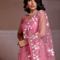 Pink Net Saree Floral Embroidery Matching Blouse Party Wear Saree
