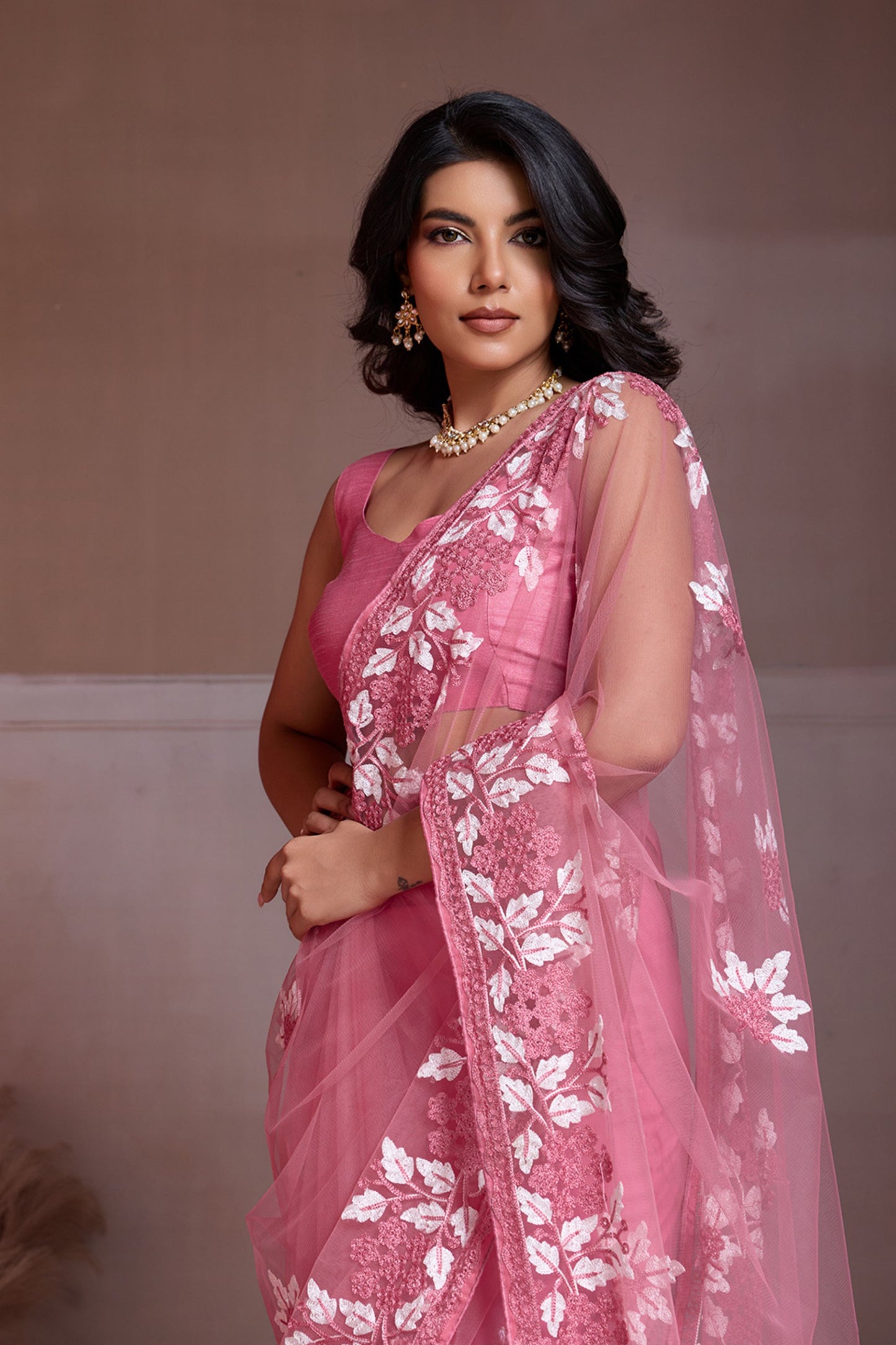 Pink Net Saree Floral Embroidery Matching Blouse Party Wear Saree