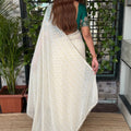 Off White Georgette Saree Golden Butti Designer Teal Green Floral Embroidered Blouse