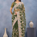 Olive Green Floral Embroidered Net Saree with Designer Border