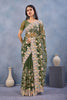 Olive Green Floral Embroidered Net Saree with Designer Border