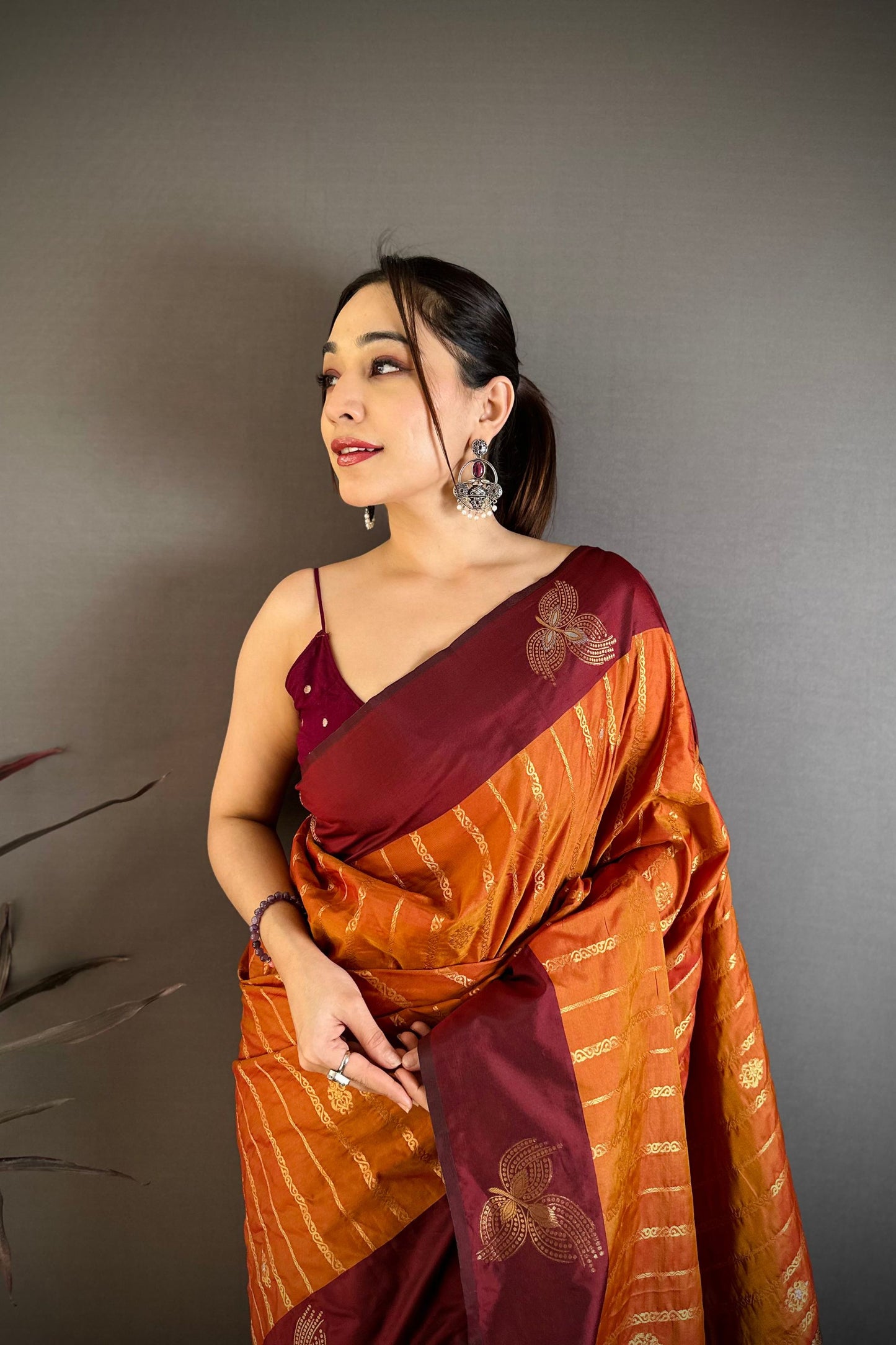 Rust Orange and Maroon Banarasi Silk Saree with Rich Zari Weaving