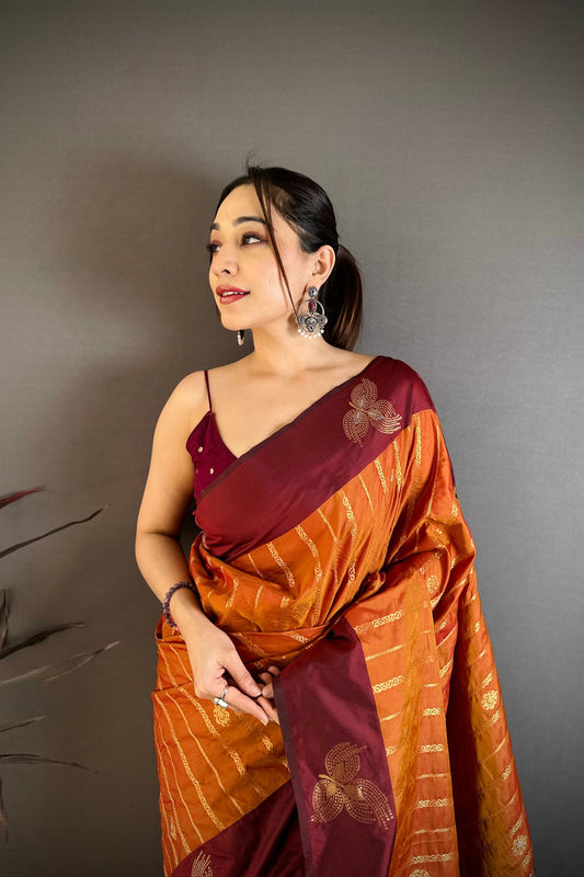 Rust Orange and Maroon Banarasi Silk Saree with Rich Zari Weaving