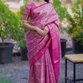 Luxury Rani Pink Banarasi Silk Saree with All-Over Floral Zari Weaving