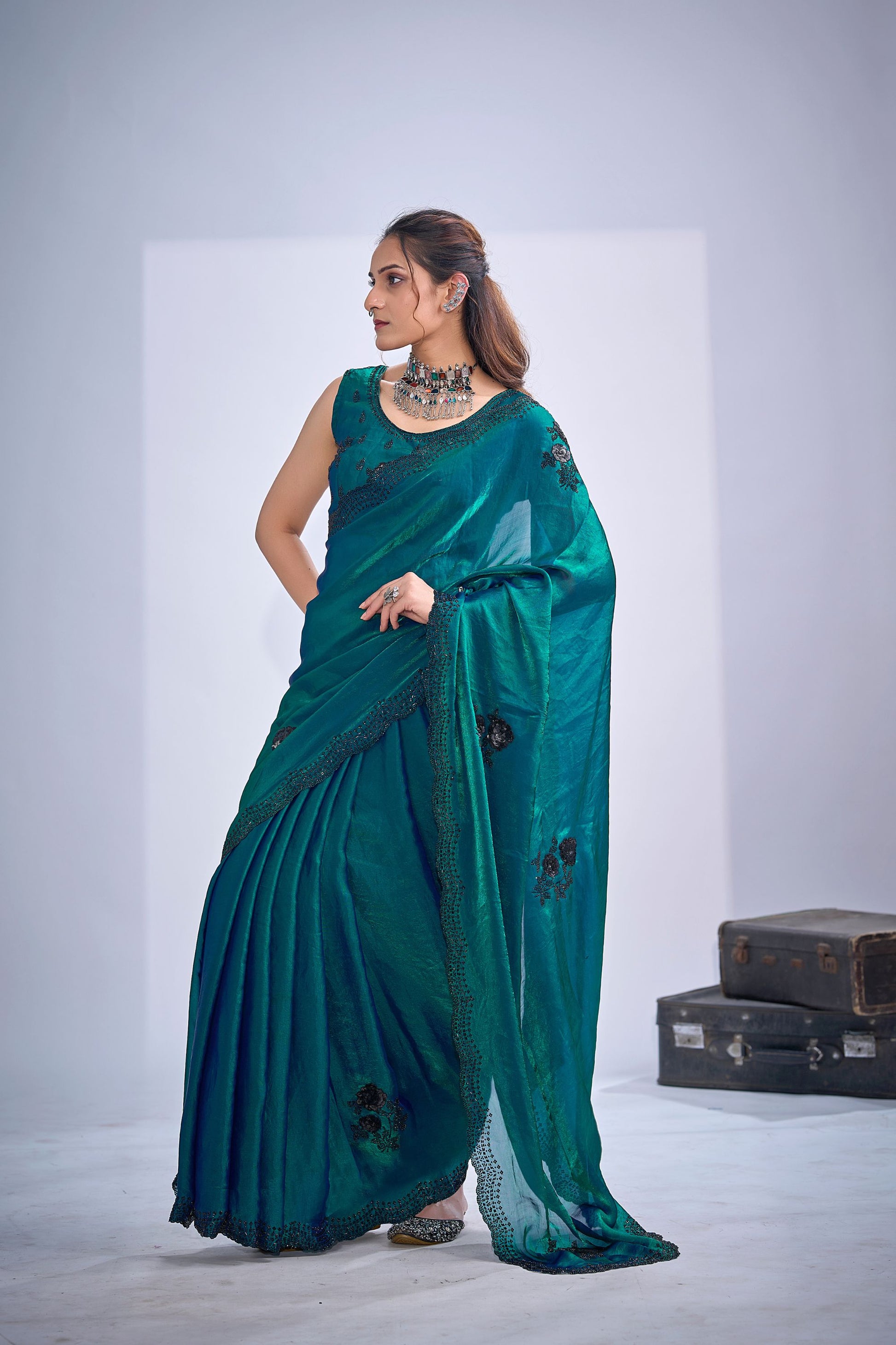 Peacock Green Organza Saree Black Floral Embroidery Designer Saree