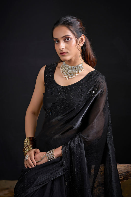 Black Embroidered Silk Saree with Designer Blouse