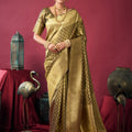 Olive Gold Banarasi Silk Saree Rich Golden Zari Weaving Blouse