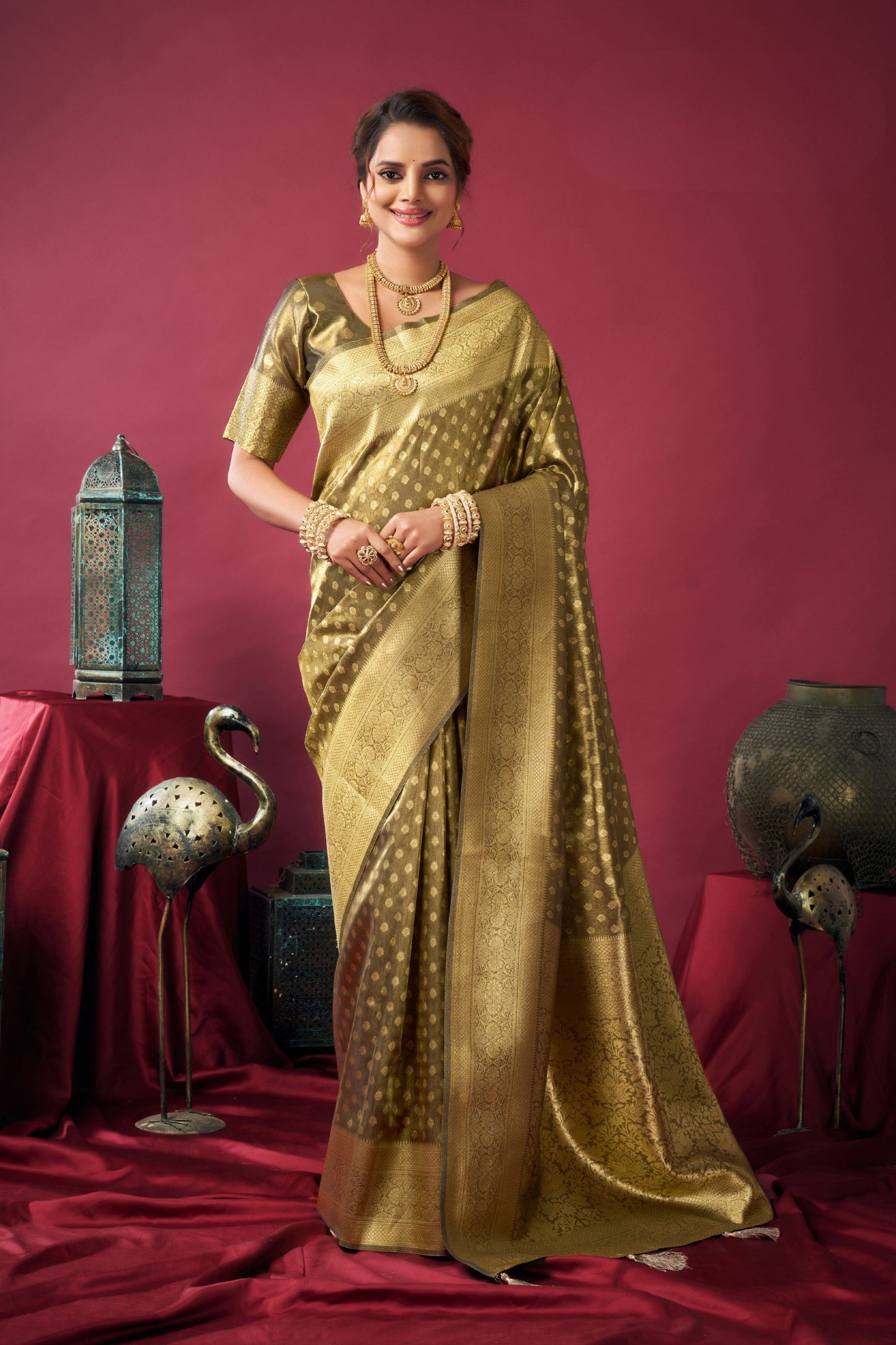 Olive Gold Banarasi Silk Saree Rich Golden Zari Weaving Blouse