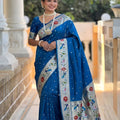  Royal Blue Paithani Silk Saree Multicolor Peacock Floral Woven Border