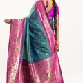 Teal Green Paithani Silk Saree with Pink Border Floral Zari Woven Pallu