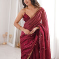 Luxury Wine Red Organza Saree Golden Embroidered Border