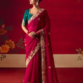 Wine Red Silk Embroidered Saree Gold Border Green Designer Blouse 