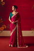 Wine Red Silk Embroidered Saree Gold Border Green Designer Blouse 