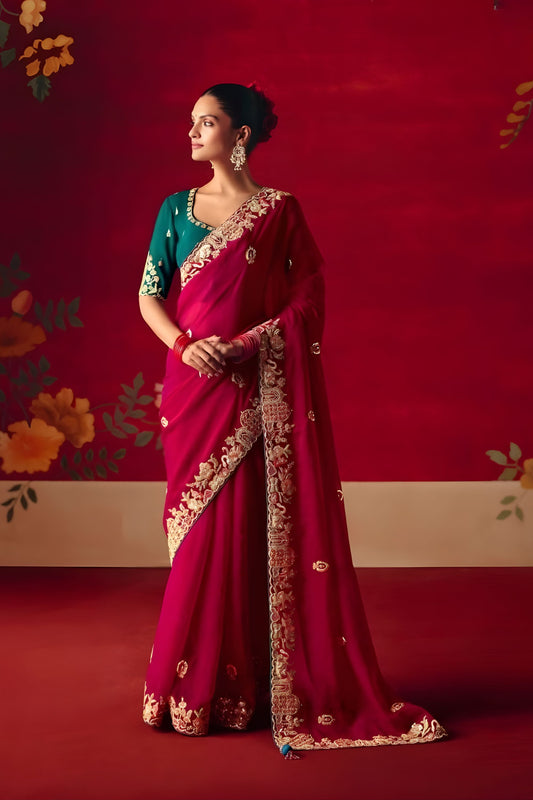 Wine Red Silk Embroidered Saree Gold Border Green Designer Blouse 