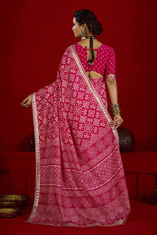 Designer Pink Bandhani Print Saree with Golden Border Festive Wear