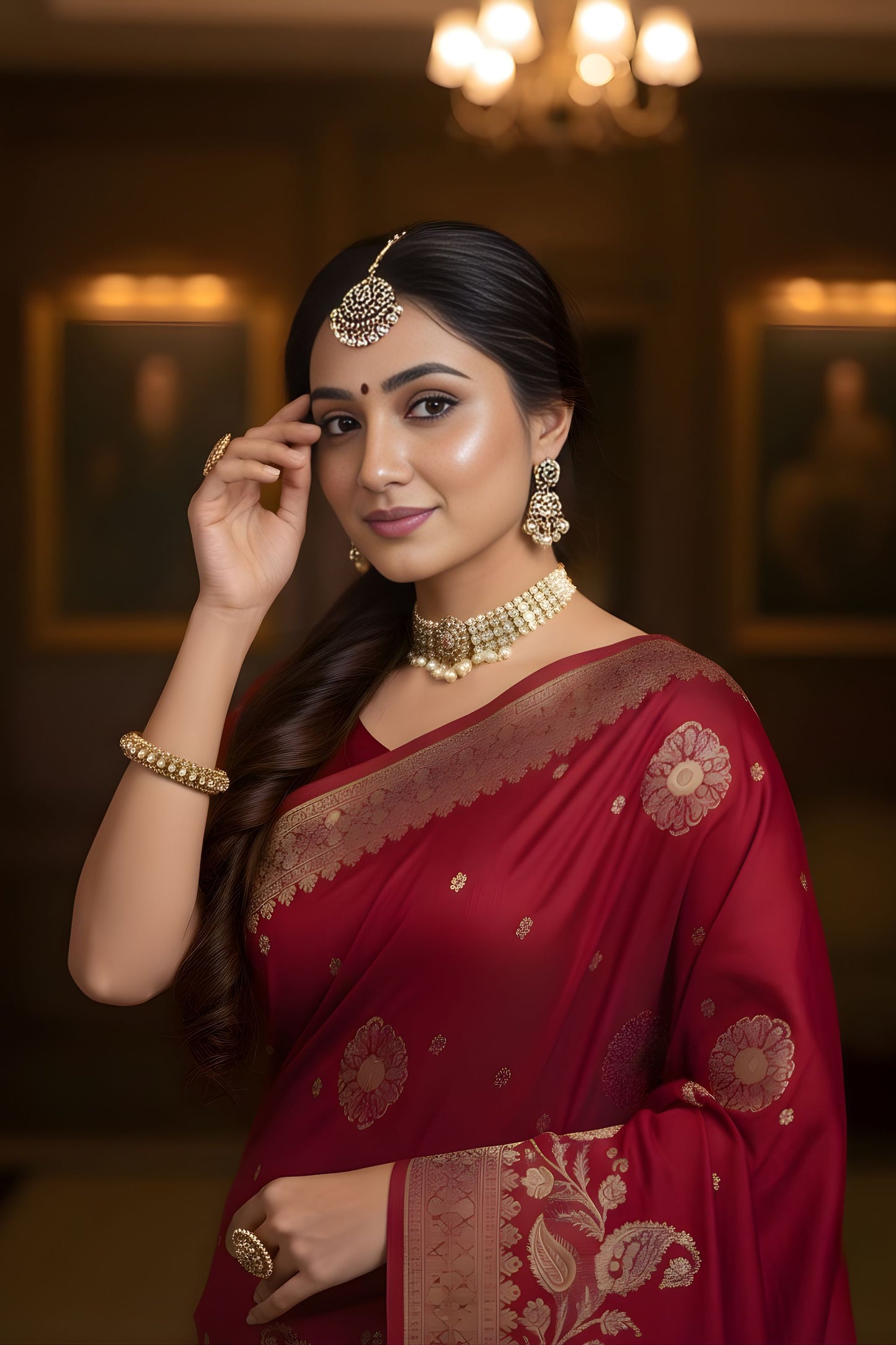 Wine Red Banarasi Silk Saree with Gold Zari Floral Weaving Traditional Wear