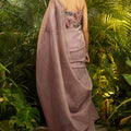 Dusty Mauve Crushed Tissue Saree Designer Embroidered Blouse