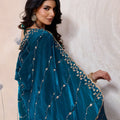 Teal Blue Silk Saree Golden Zari Embroidery Border Matching Blouse