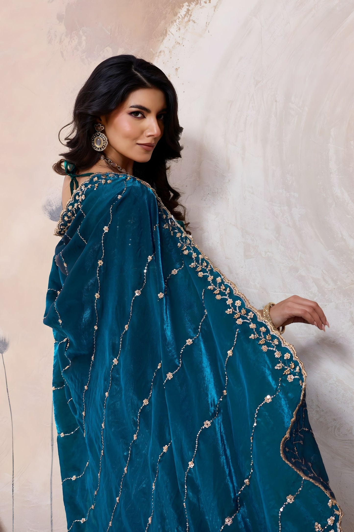 Teal Blue Silk Saree Golden Zari Embroidery Border Matching Blouse