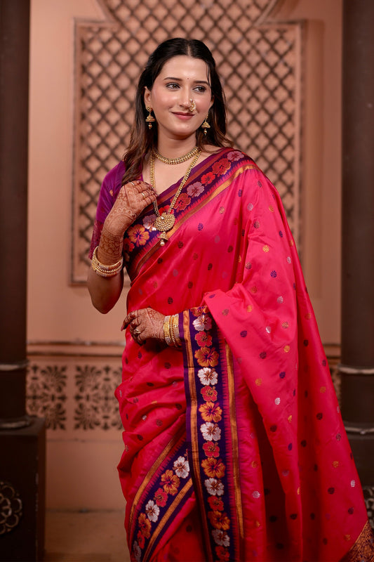 Pink Paithani Silk Saree with Contrast Purple Zari Border