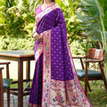 Purple Silk Saree Pink Border Multicolor Peacock Zari Weaving Work