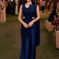 Luxury Navy Blue Ready-to-Wear Saree Floral Sequin Embellished Designer Blouse