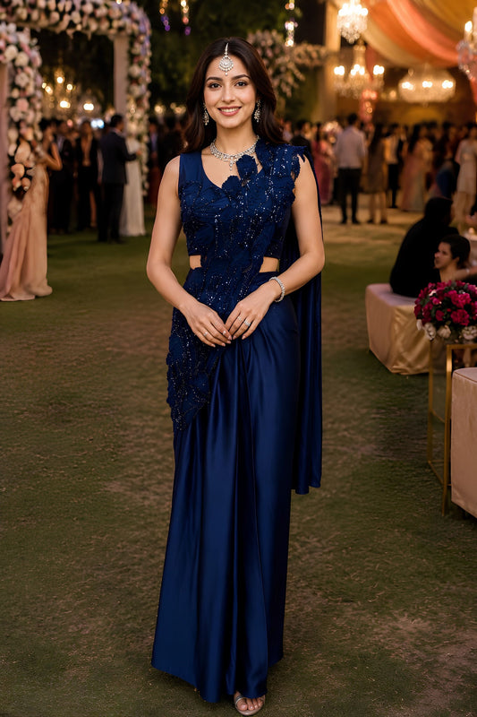 Luxury Navy Blue Ready-to-Wear Saree Floral Sequin Embellished Designer Blouse