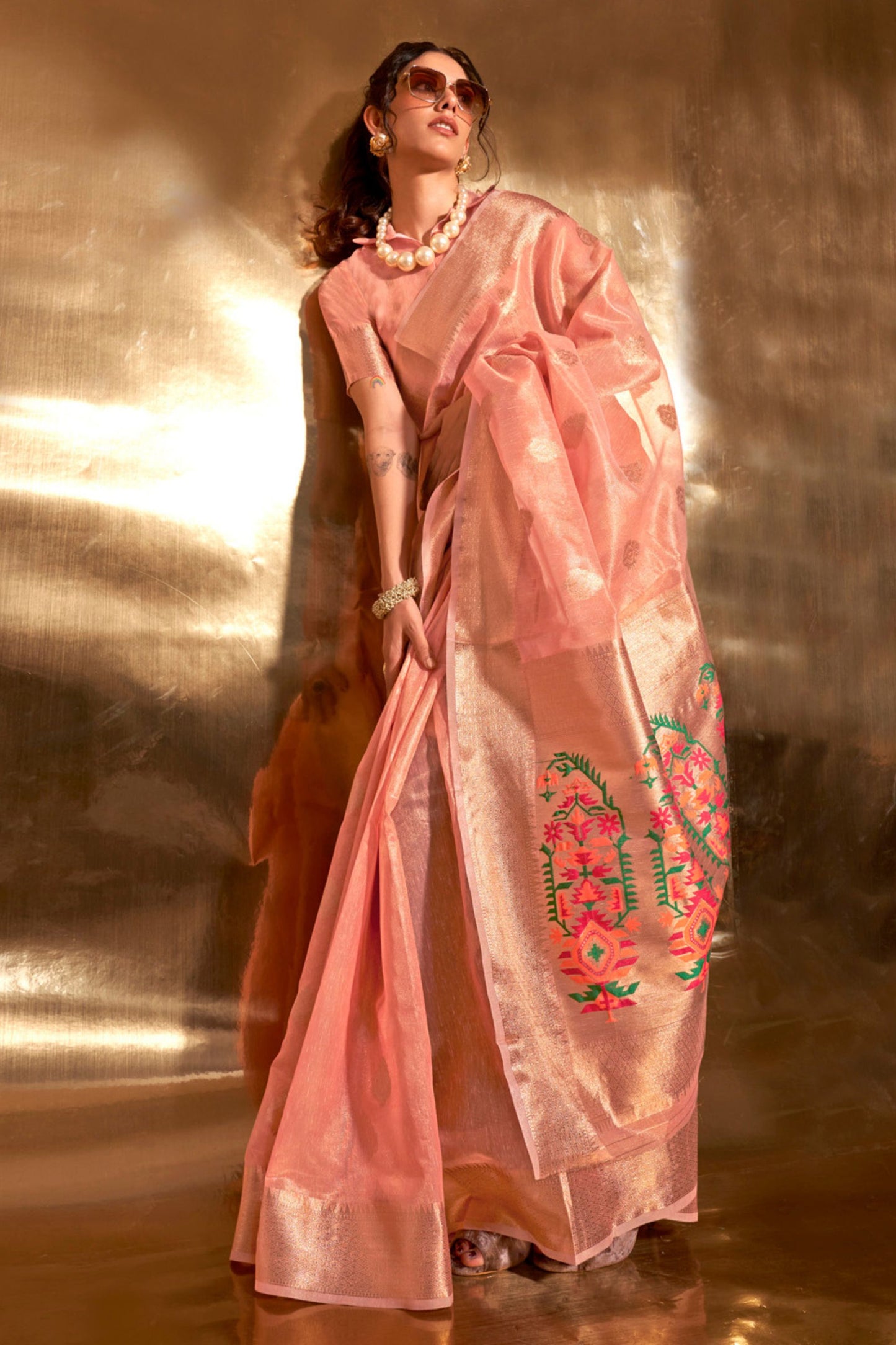 Peach Banarasi Silk Saree with Zari Woven Border Floral Pallu