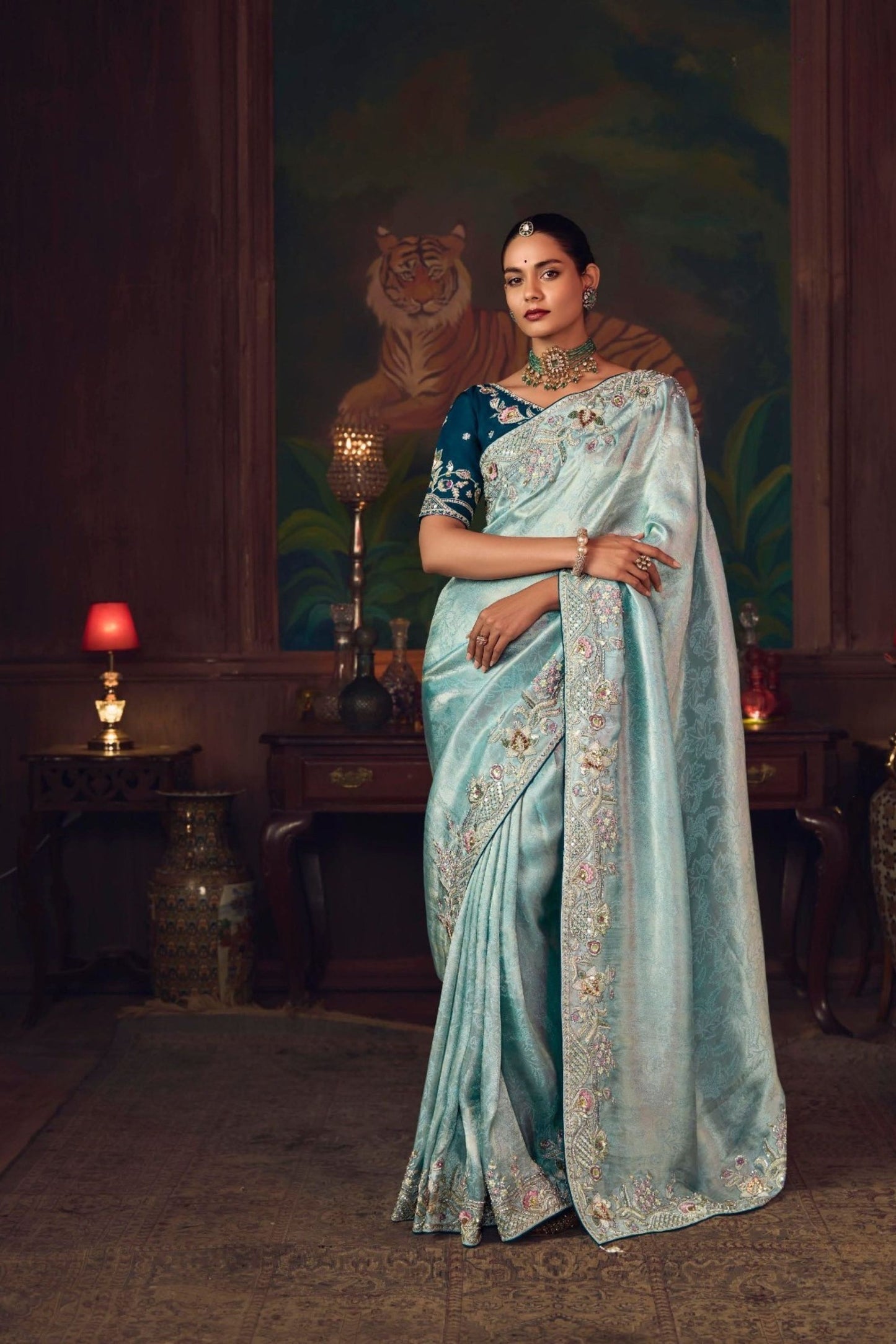  Sky Blue Silk Saree with Heavy Embroidered Border Designer Blouse