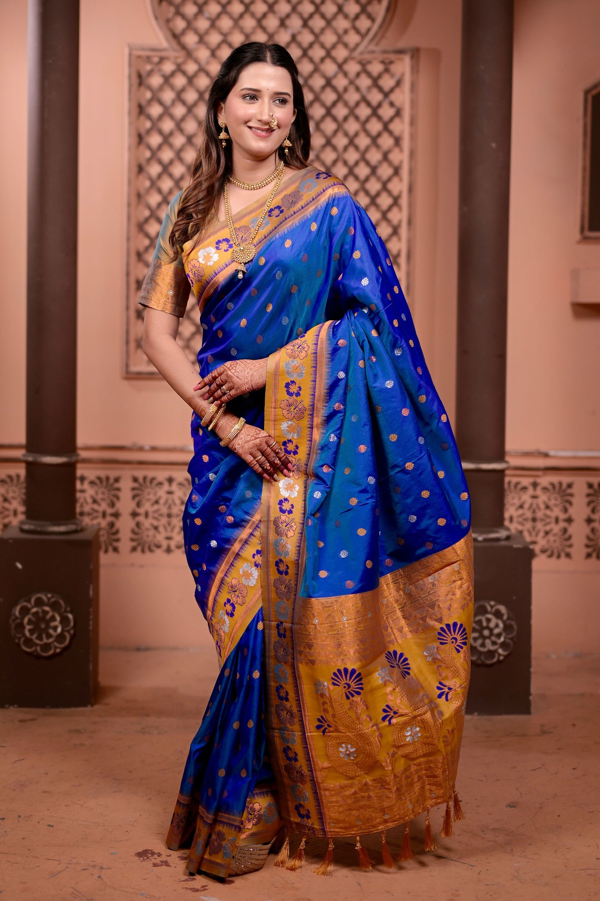 Royal Blue Paithani Silk Saree with Golden Zari Border