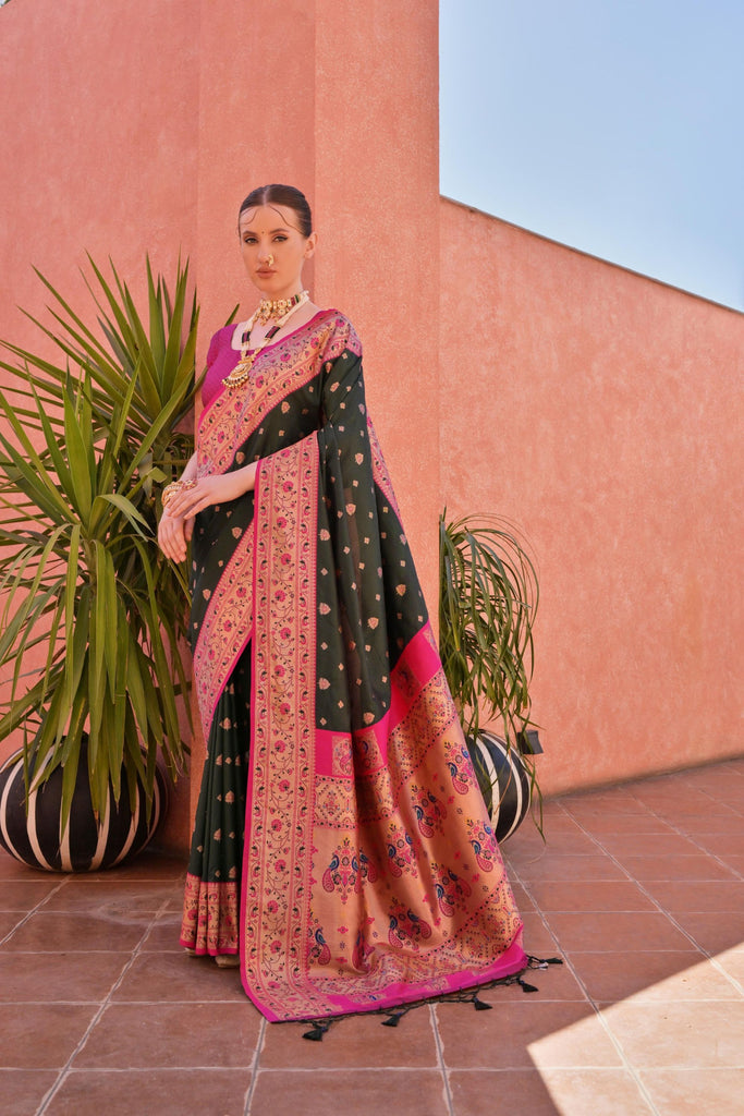 Premium Black and Rani Pink Banarasi Silk Saree and Contrast Pallu