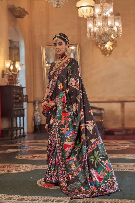 Black Designer Printed Silk Saree Royal Rajasthani Art Motif Saree