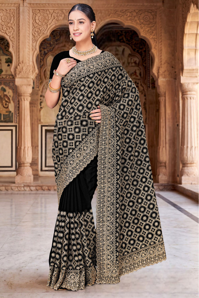 Black Georgette Saree Heavy Gold Embroidery Designer Blouse