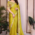 Lime Green Silk Saree with Floral Embroidered Border Designer Blouse