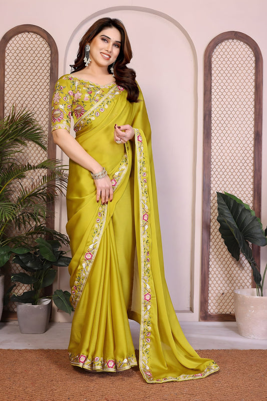 Lime Green Silk Saree with Floral Embroidered Border Designer Blouse