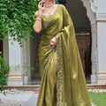  Olive Green Silk Saree Embroidered Border Designer Blouse