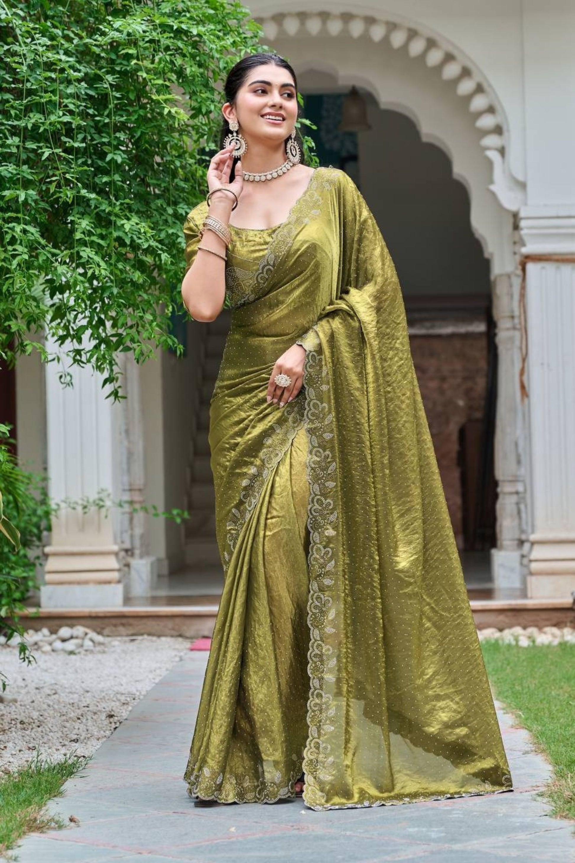  Olive Green Silk Saree Embroidered Border Designer Blouse