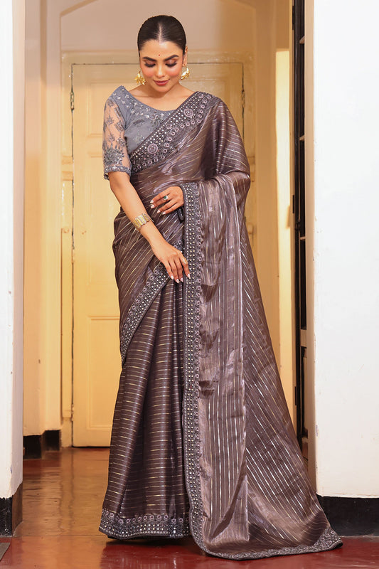 Charcoal Grey Designer Satin Saree with Embroidered Border Net Blouse