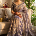 Lavender Purple Organza Saree Heavy Golden Embroidery Designer Blouse