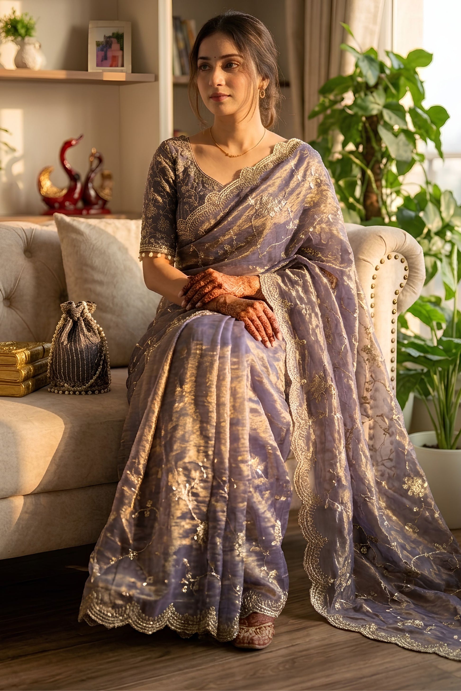 Lavender Purple Organza Saree Heavy Golden Embroidery Designer Blouse