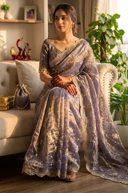 Lavender Purple Organza Saree Heavy Golden Embroidery Designer Blouse
