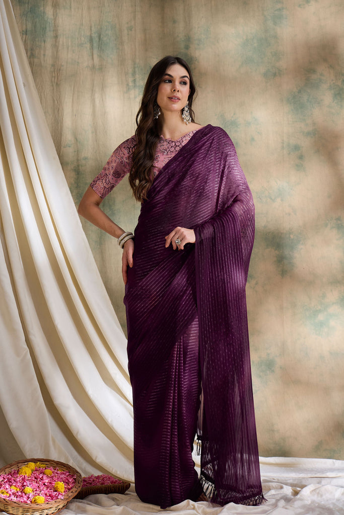 Plum Purple Organza Saree With Designer Blouse Festive Wear Saree