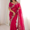 Hot Pink Embroidered Organza Saree Heavy Floral Zari Work Designer Blouse