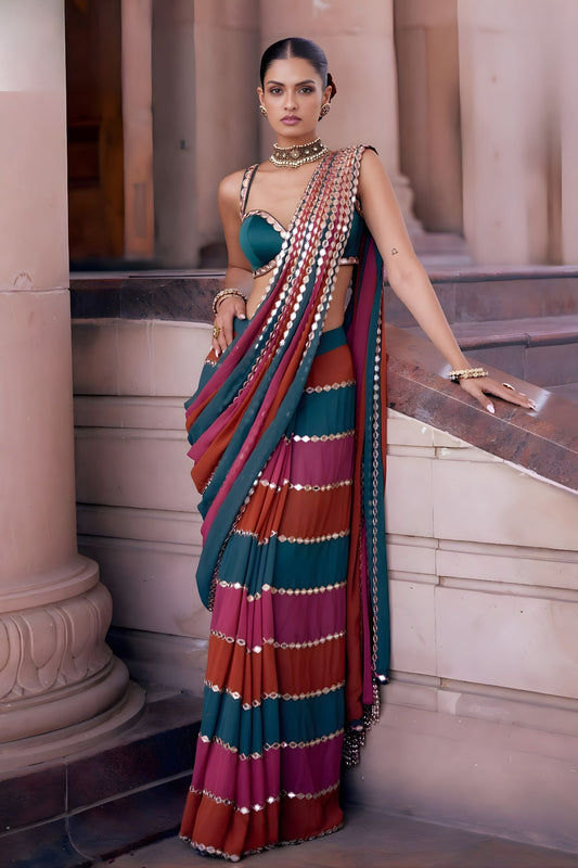 Designer Multicolor Georgette Saree Mirror Work Border Stylish Blouse