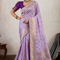 Lavender Banarasi Silk Saree Multicolor Zari Buti Weaving Rich Pallu 